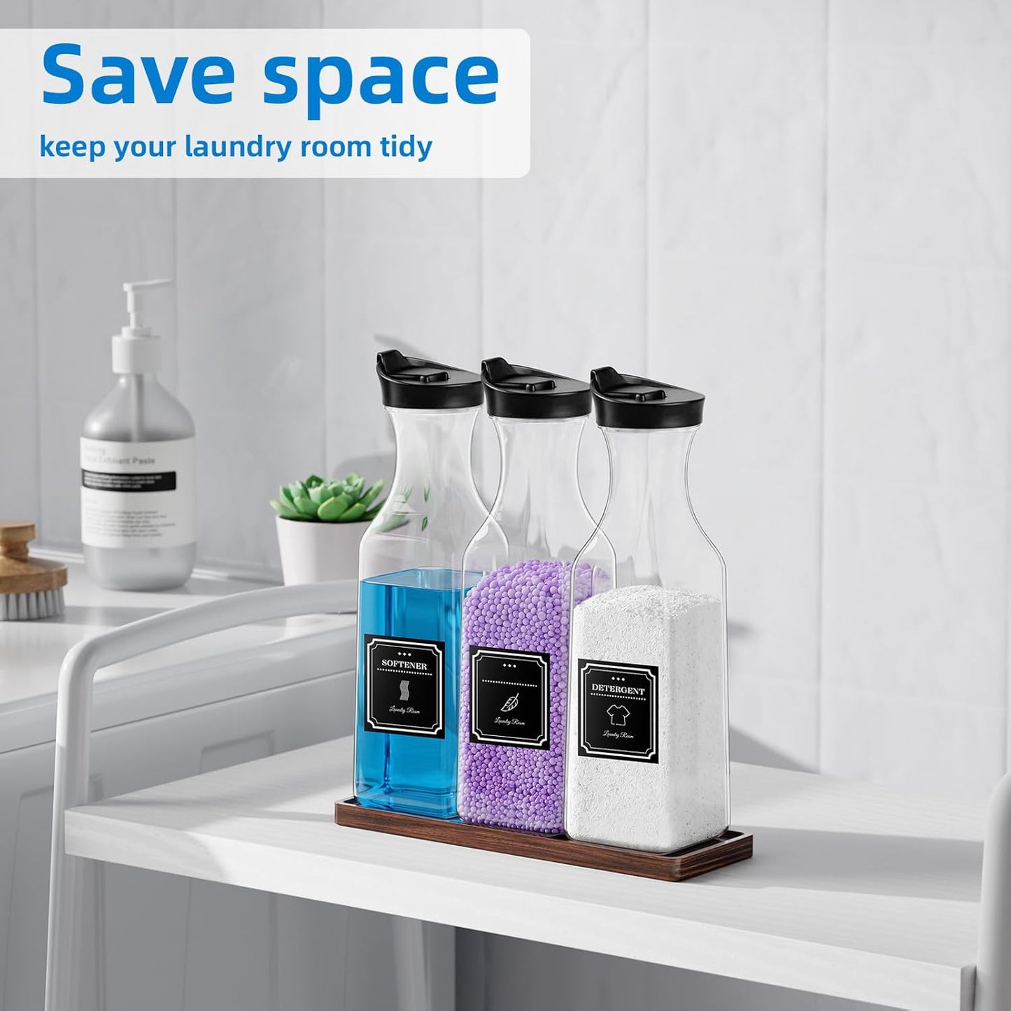 Laundry Detergent Dispenser,54OZ Laundry Soap Dispenser,Liquid Laundry Detergent Container,Fabric Softener Dispenser with Bamboo Wood Tray,Laundry Room Organizer with 4 Labels