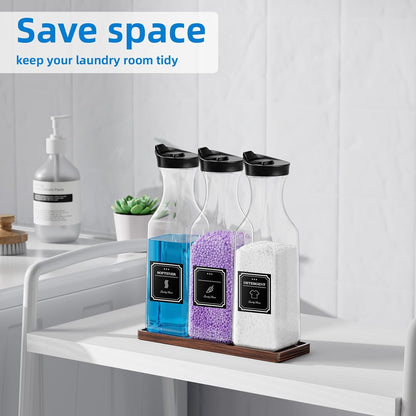 Laundry Detergent Dispenser,54OZ Laundry Soap Dispenser,Liquid Laundry Detergent Container,Fabric Softener Dispenser with Bamboo Wood Tray,Laundry Room Organizer with 4 Labels