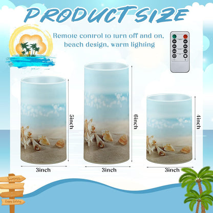 Tujoe 3 Pcs Summer Ocean Flameless Candles Teal Beach LED Battery Pillar Candles Set Battery Operated Coastal Nautical Decorations Flickering Gifts with Remote Decorations for Holiday