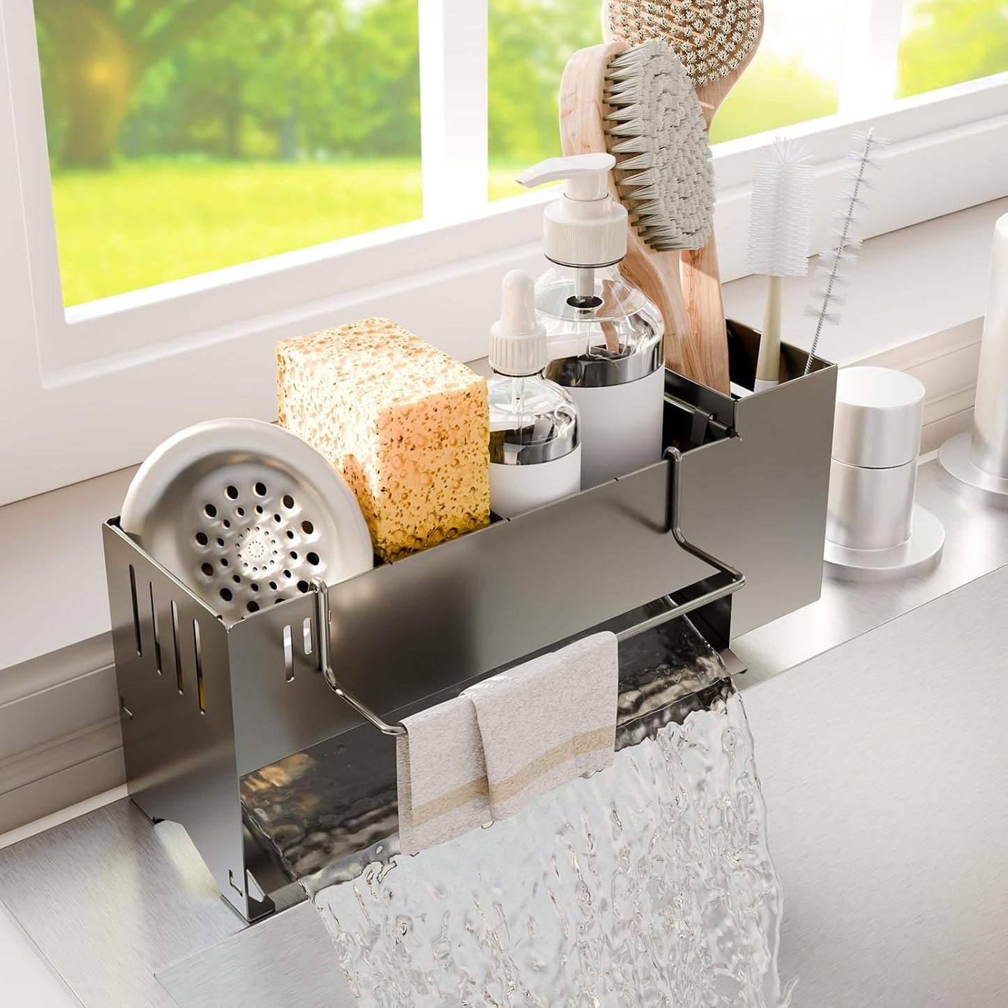 Kitchen Sink Caddy Organizer, Sponge Holder for Kitchen Sink with Upgraded Extra-Wide Drain Board, Efficient Drainage, Stainless Steel with Rust-Resistant Coating