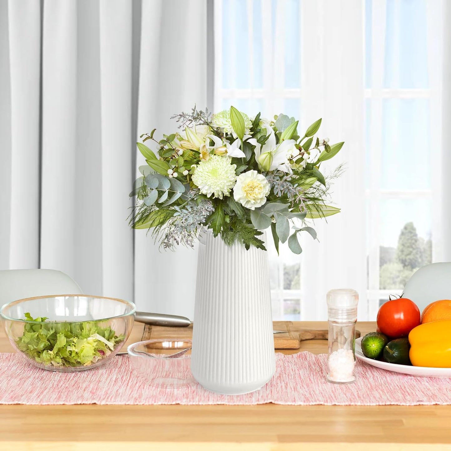 White Ceramic Vase, GUKJOB Small Cute Flower Vase for Pampas Grass, Home, Living Room, Dining Table, Farmhouse, Office Decor, Bedroom, Table, and Kitchen Shelf (White- 2PCS)