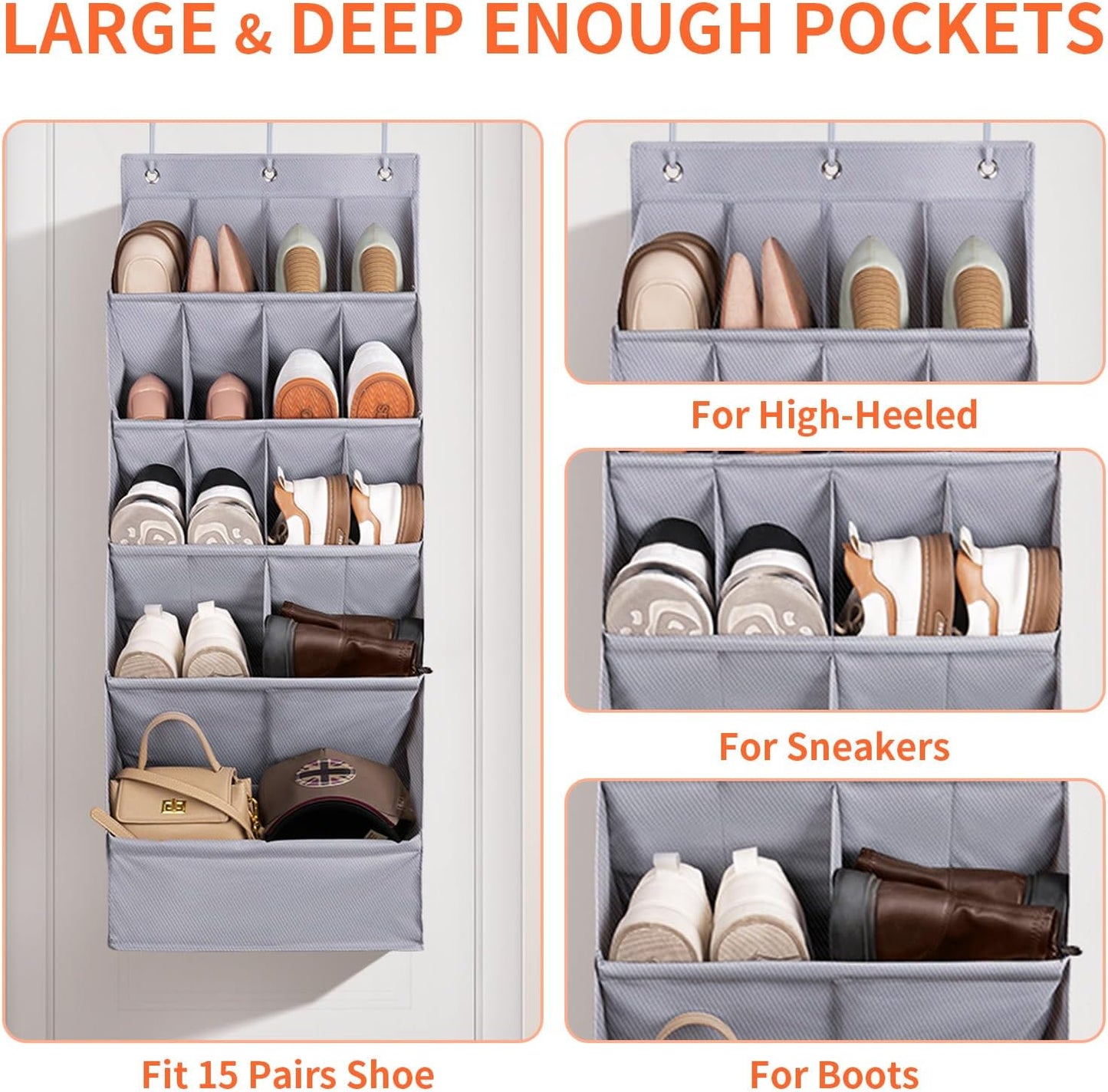 FENTEC 1 Pack Over-the-Door-Shoe-Organizers,Hanging Organizers with Large Pocket Shoe Holder Hanging Shoe Rack for Closet Shoe Organizer for Wall, Over Door Organizer with 15 Pockets Gray