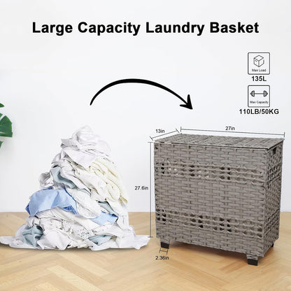 OIAHOMY Laundry Hamper with Lid, 140L Clothes Hamper with 3 Removable Liner Bags, Foldable Basket with Lid, Synthetic Wicker Laundry Basket for Bedroom, 27x 13 x 26 Inches, Yellow