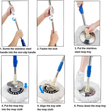 Spin Mop and Bucket with Wringer Set, 360° Spinning Mop Bucket System with 3 Microfiber Mop Replacement Heads and 50" Stainless Steel Adjustable Handle for Floor Cleaning