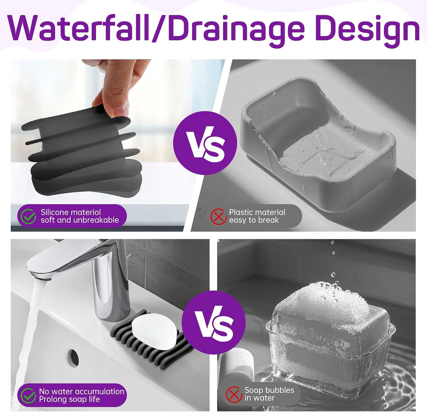 2 Pcs Self Draining Silicone Soap Holder - Waterfall Design Soap Dishes for Bathroom, Keeps Soap Bars Dry & Clean,White