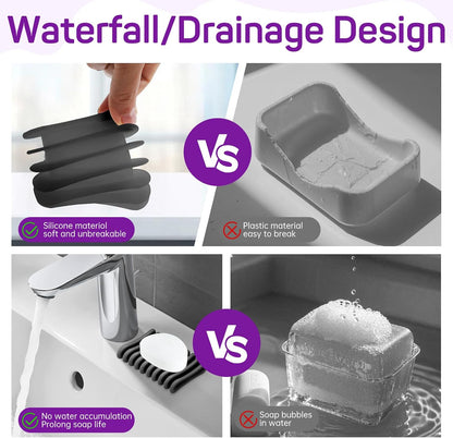 2 Pcs Self Draining Silicone Soap Holder - Waterfall Design Soap Dishes for Bathroom, Keeps Soap Bars Dry & Clean,White