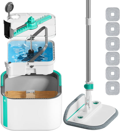 Spin Mop and Bucket Set with 2 Replaceable Microfiber Mop Pads with Self Separation Dirty and Clean Water System, Self Wringing 360° Rotating Square Mop Head for Hardwood Tile Marble Floors