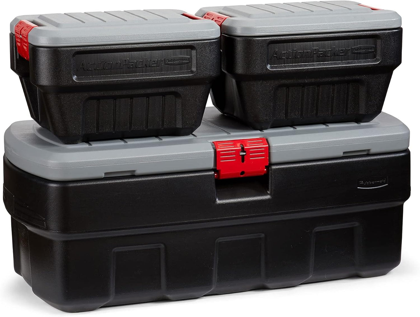 Rubbermaid ActionPacker 35 Gallon, Made in USA, Lockable Plastic Storage Bin with Lid and Wheels- Outdoor, Industrial, Rugged, Camping Gear and Truck Bed Storage - Gray and Black
