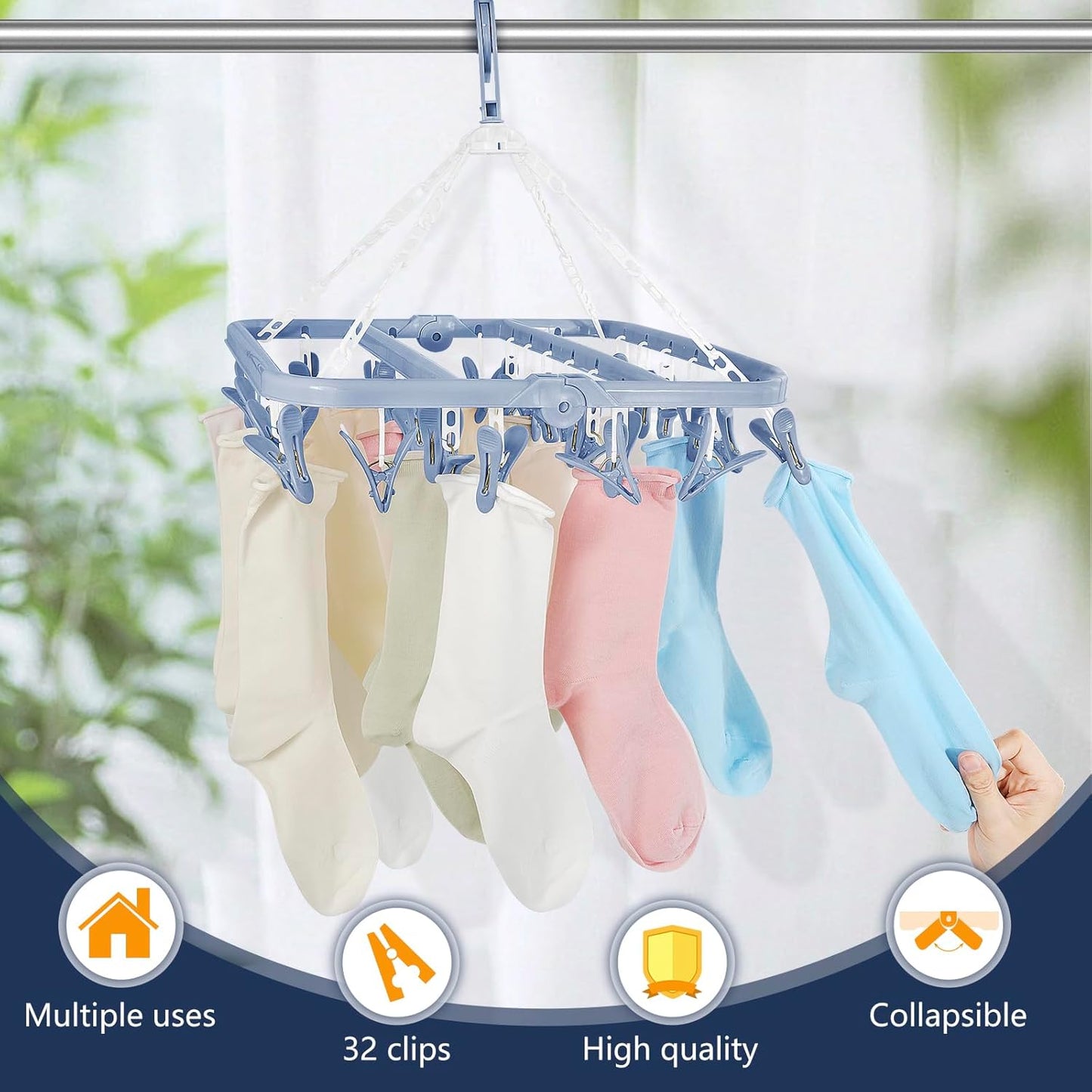 Clothes Drying Rack with 32 Clothespins, Bule Foldable Hanging Drying Racks, 360° Rotatable Hook for Drying Towels Bras Baby Clothes Gloves Plastic, Clothes Drying Foldable-Bule
