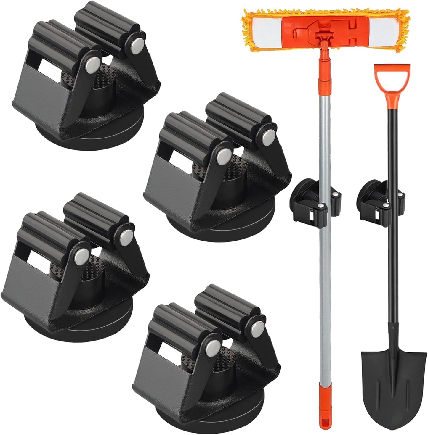 MUTUACTOR Heavy Duty Magnetic Broom Holder,Anti-slip Magnetic Tool Rack with Top Utility Shelf, Easy Assembly Broom Mop Organizer for Refrigerator Metal Cabinet Laundry Room Kitchen,3-Clamps 4-Hooks