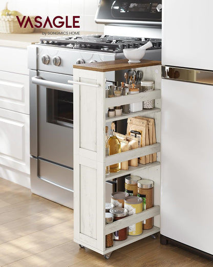 VASAGLE 4-Tier Slide-Out Storage Cart, Slim Kitchen Cart for Small Spaces, with Wheels, Handle, Bathroom, Laundry Room, 5.9 x 17 x 34.1 Inches, Rustic White and Honey Brown ULRC050K01