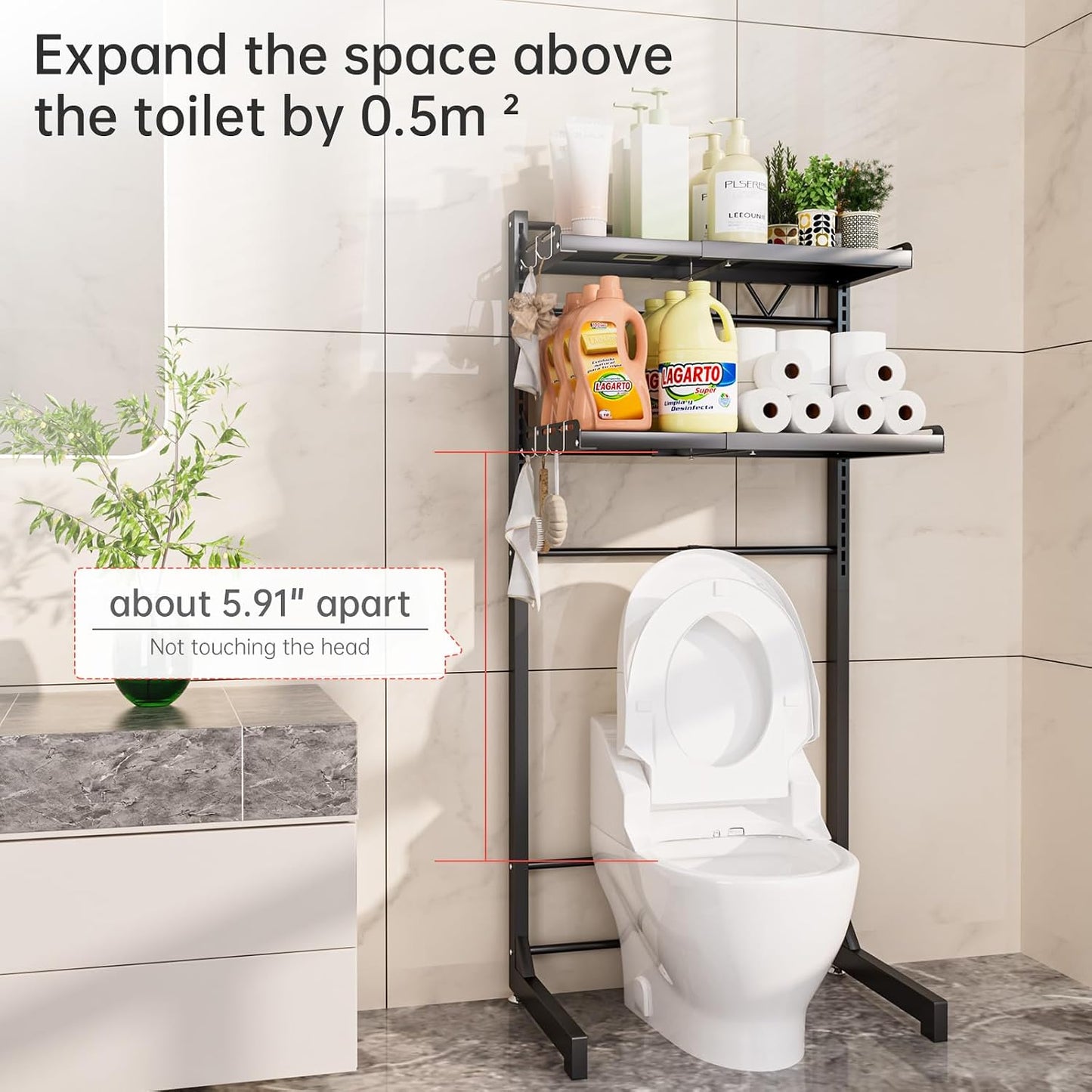 Carbon Steel Over Washer and Dryer Shelf, 2 Tier Bulkhead Laundry Room Storage and Organization Riser, Above Toilet Rack, (14.17“-25.59”) W*15.75 “D*63.39 ”H, White