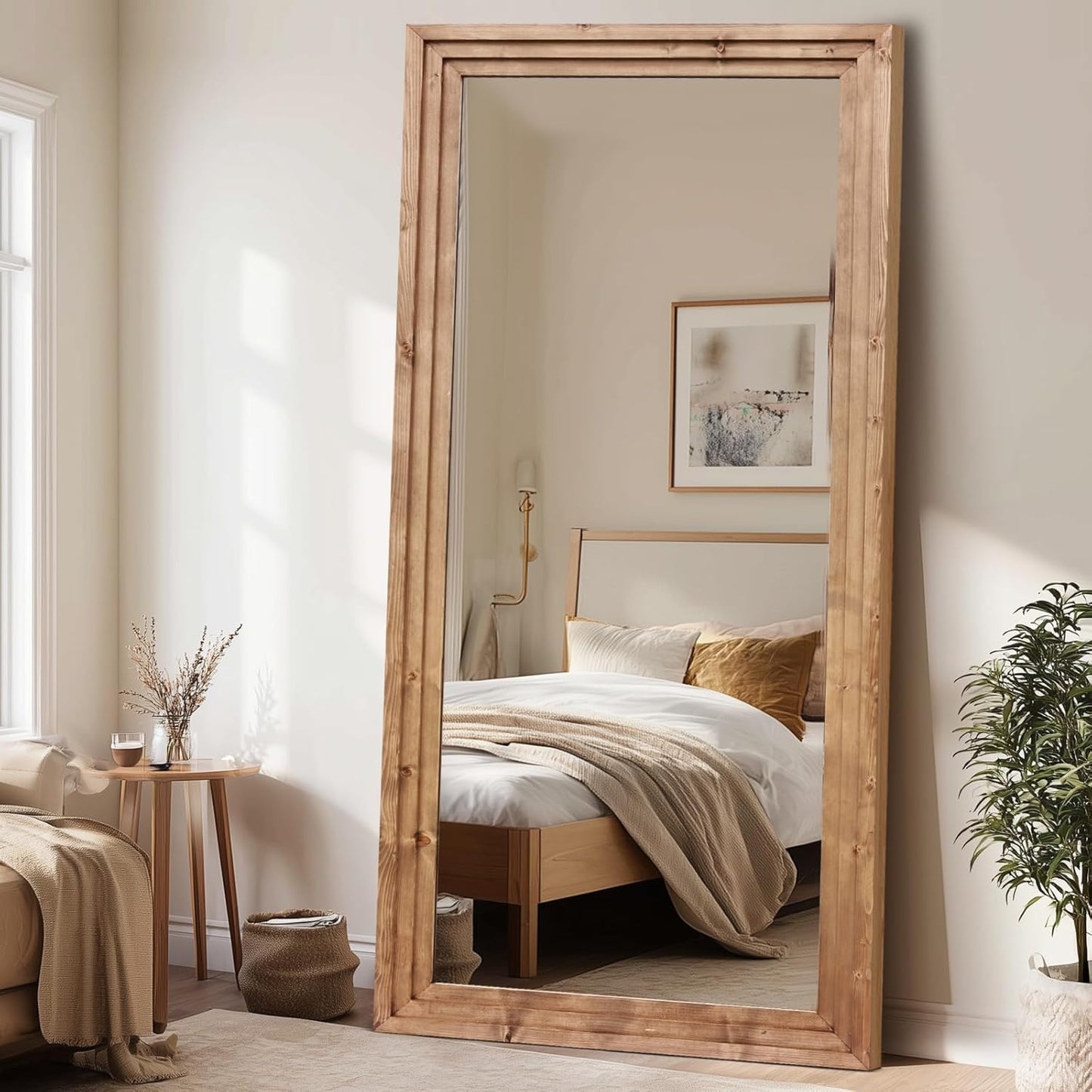 65"x22" Full Length Mirror Solid Wood Frame Floor Mirror with Stand for Living Room, Bedroom Hanging Standing or Leaning, Brown