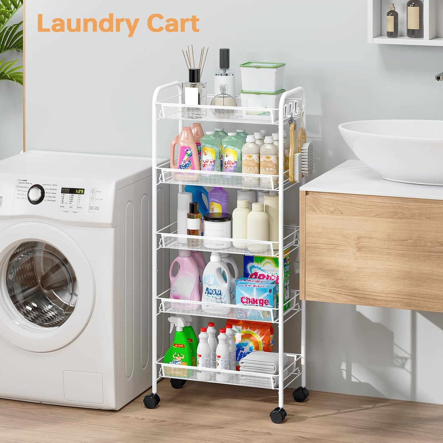 TOOLF 3-Tier Metal Rolling Cart, Mesh Wire Easy Assemble Utility Cart, Storage Trolley on Wheels with 3 Hooks, MetalStorage Shelving Units for Kitchen Bathroom Laundry Room