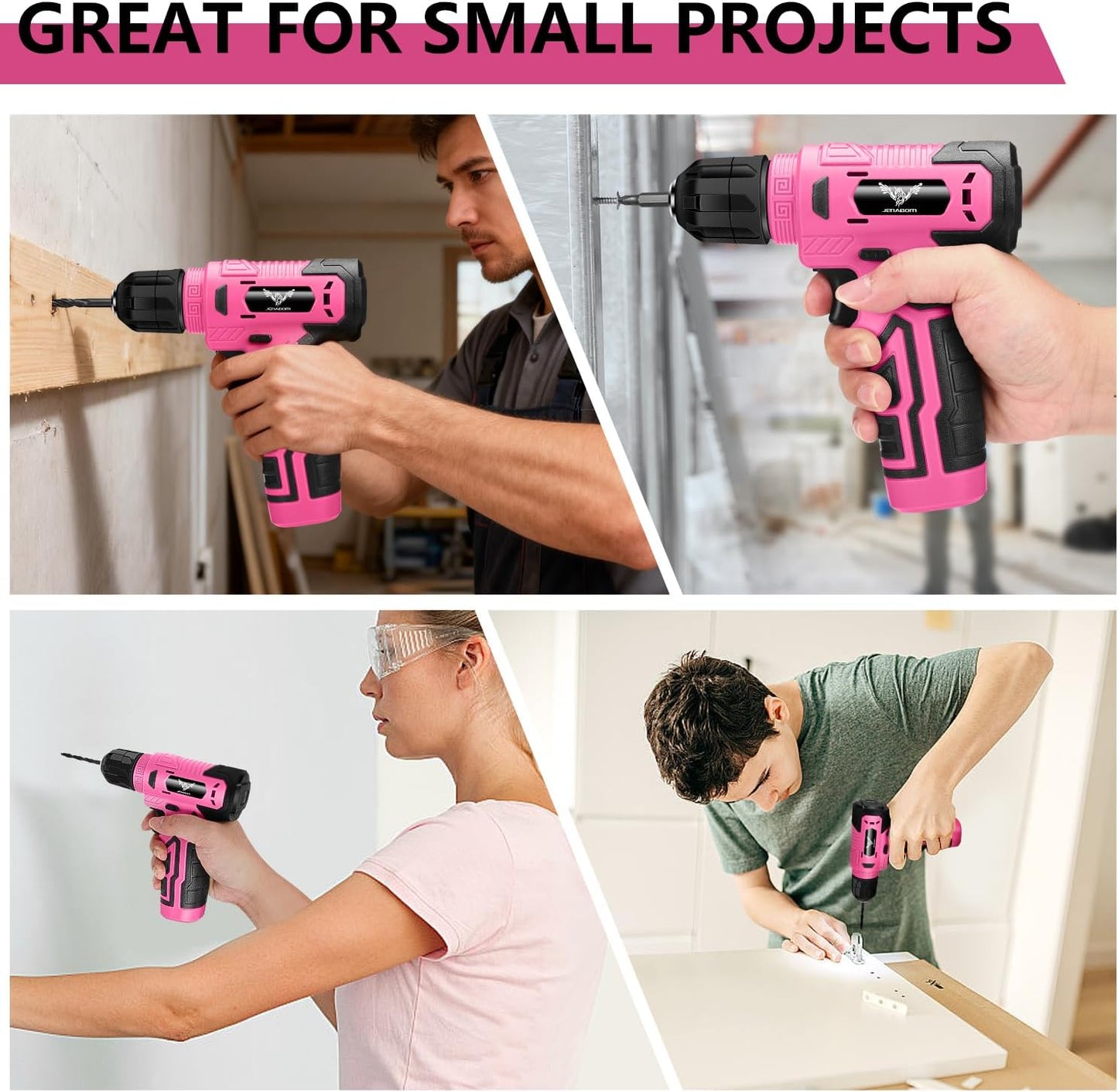 JENABOM Pink 3.6V USB Cordless Electric Screwdriver & Household Tool Kit | Power Screwdriver and Hand Tools in a Compact Box Case for Small Repair and Maintenance- Ideal Housewarming Gift, 112Pcs