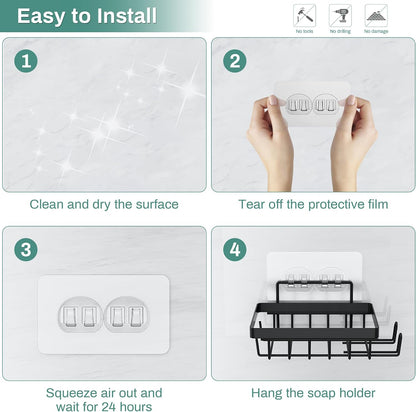 Adhesive Soap Bar Holder for Shower Wall, Self Draining Soap Dish Container Caddy Saver with 2 Hooks for Razor Loofah, Shampoo Sponge Tray Case Box for Bathroom Kitchen Sink, Black