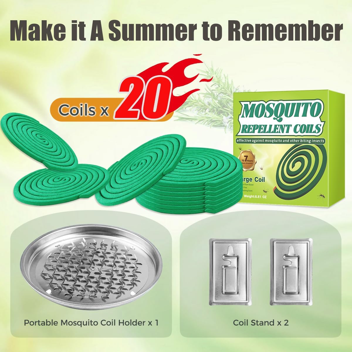 20 Pack Mosquito Repellent Coils, Natural Citronella Incense for Patio & Outdoor - 7 Hour Long Lasting Bug Repellent for Yard, Camping & Deck - Plant Based Insect Control with 1 Holder 2 Stands