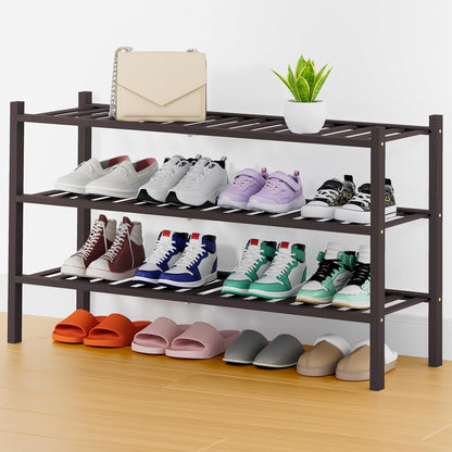 Smiry Bamboo Shoe Rack, 3 Tier Free Standing Wooden Shoe Organizer, Stackable Wood Shoe Storage Shelf for Closet, Entryway, 12 Vertical Slats, 2+1 Stack Standard Legs, 26.8"x11"x19.5", Natural