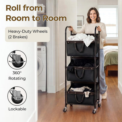GRANNY SAYS 3 Section Tiered Laundry Sorter, Slim Vertical Laundry Hamper with Wheels, Narrow Rolling Laundry Cart with Removable Bags for Laundry Room, Bathroom, Closet, Dorm, Beige