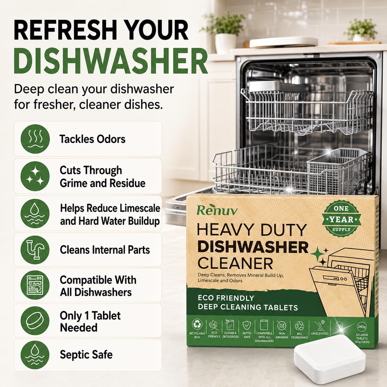 Renuv® Garbage Disposal Cleaner & Deodorizer Tablets, 12 XL Tablets | Foaming Citrus Scent, Drain Freshener, Kitchen Sink Odor Refresher For Garbage Disposer Cleaning