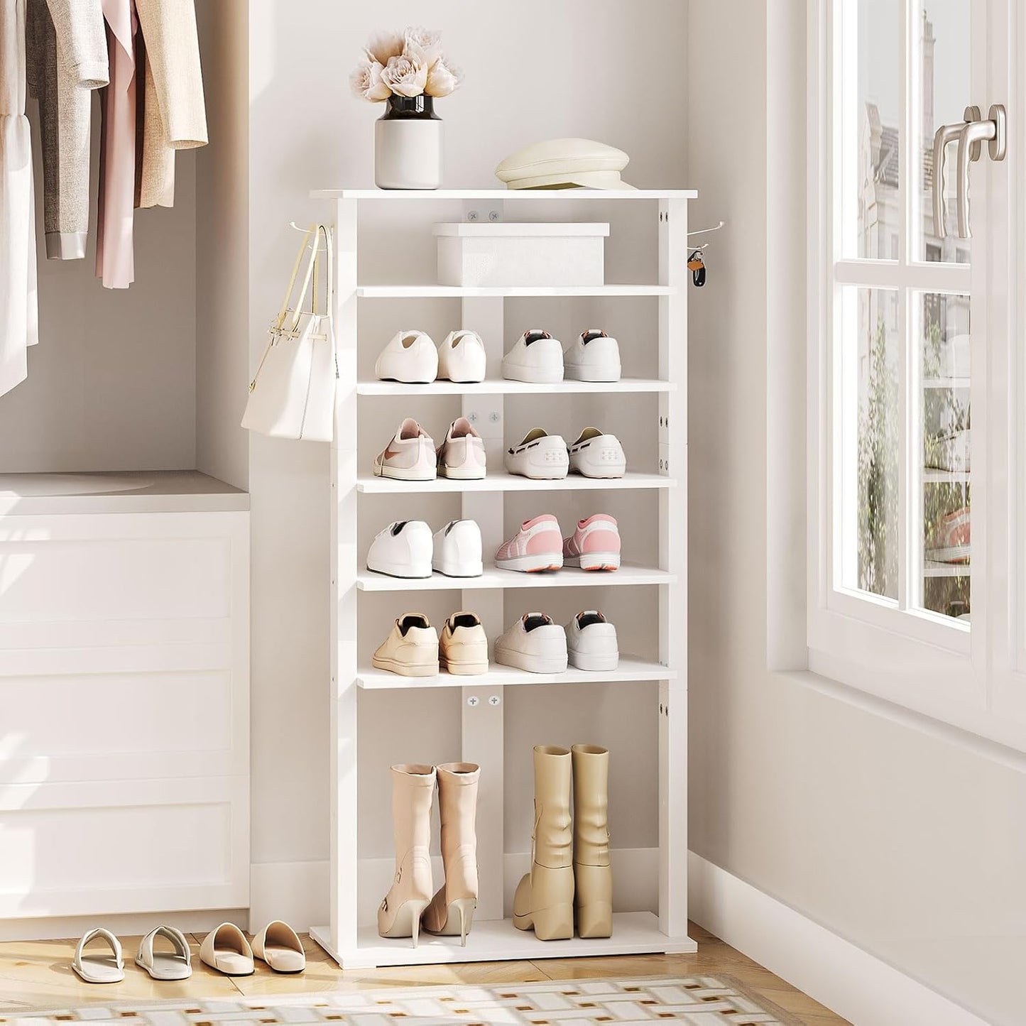 HOOBRO 8 Tiers Vertical Shoe Rack, Wooden Shoe Storage Organizer with Hooks, Narrow Shoe Tower for 8 Pairs, Space Saving, for Entryway, Living Room, Bedroom, Rustic Brown BF07XJ01G1