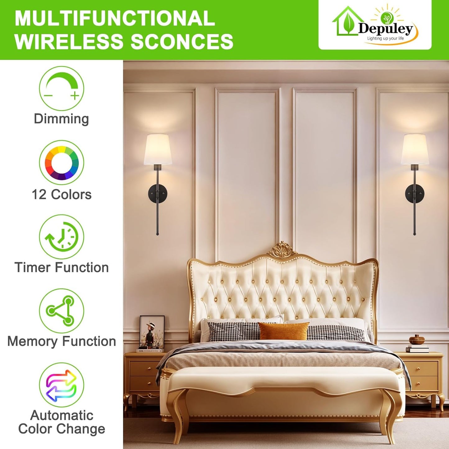 Depuley Battery Operated Wall Sconce: Set of 2 Wireless Wall Lights with 10000mAh Dimmable Bulbs and Remote for Bedroom - Rechargeable 15 Colors Gold Wall Lamp for Living Room Hallway