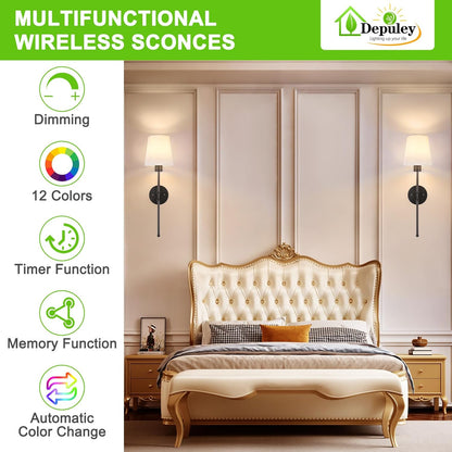 Depuley Battery Operated Wall Sconce: Set of 2 Wireless Wall Lights with 10000mAh Dimmable Bulbs and Remote for Bedroom - Rechargeable 15 Colors Gold Wall Lamp for Living Room Hallway