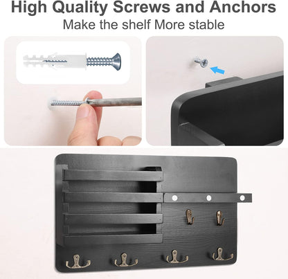 Decorative Key Hanging Rack with 10 Hooks – Easy Install Natural Wooden Key and Mail Holder for Wall Mount – Entryway Decor Rack with Shelf (Black)