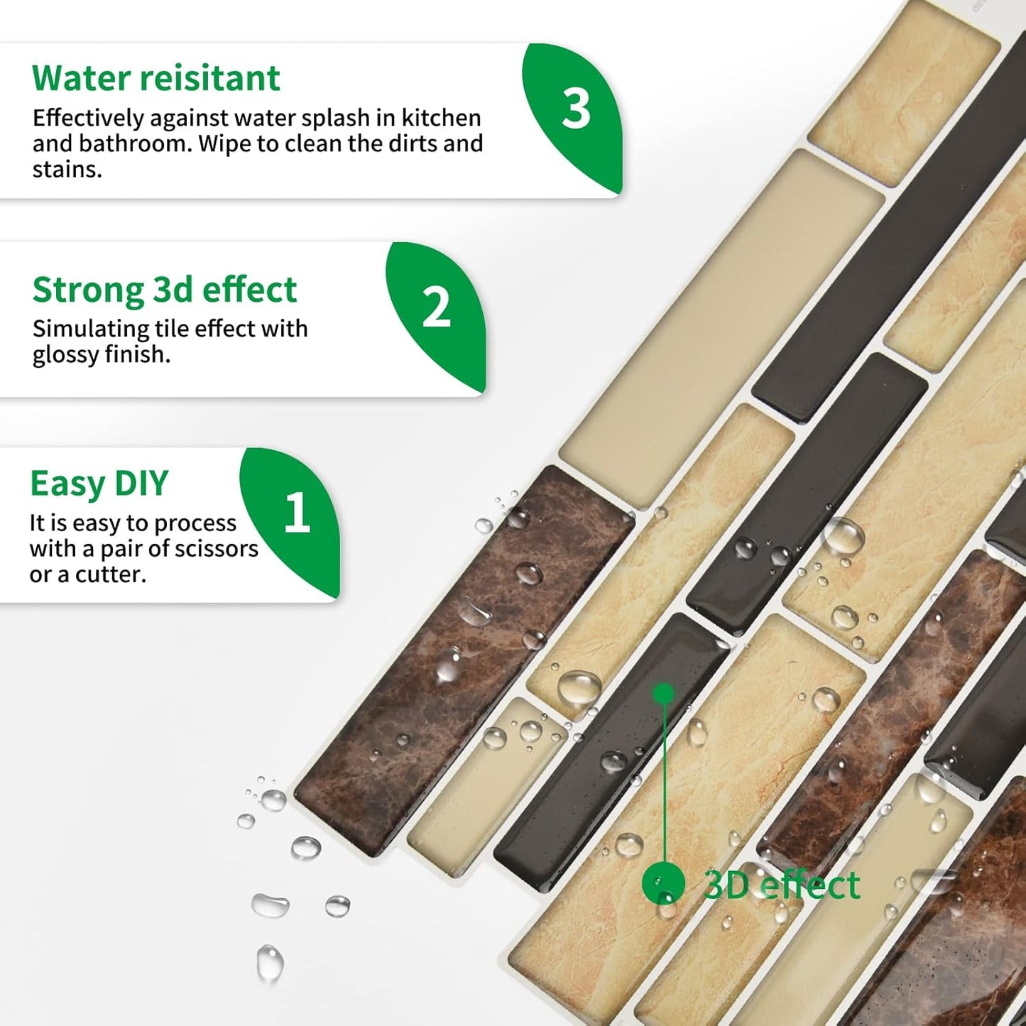 LONGKING Self-Adhesive Kitchen Backsplash, Marble Look Decorative Tiles (10 Tiles)