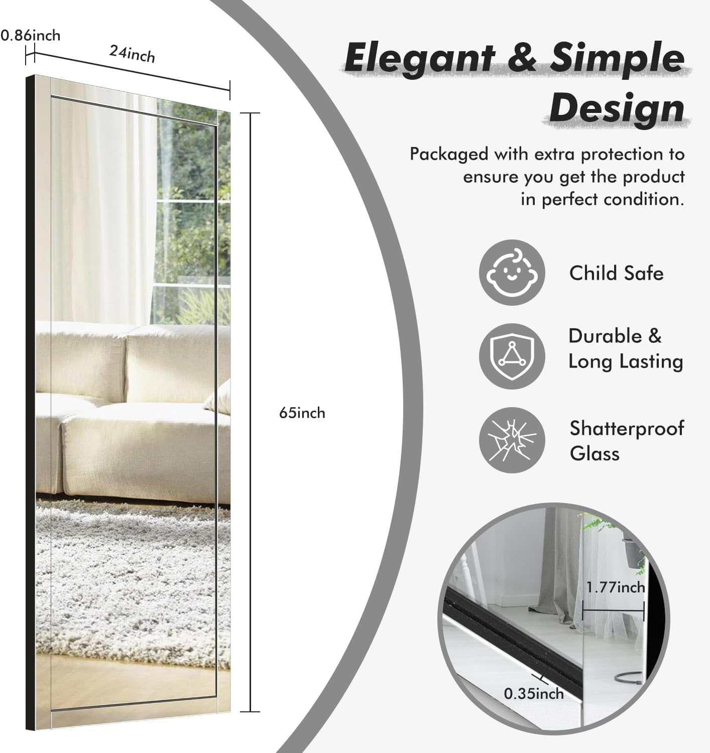 Syndra Modern Full Length Mirror Wood Frame, 65x24'' Large Floor Mirror with HD Tempered Glass & Wall Mount, Rectangular Standing Mirror for Bedroom, Living Room, Entryway, Farmhouse(Grey White Oak)