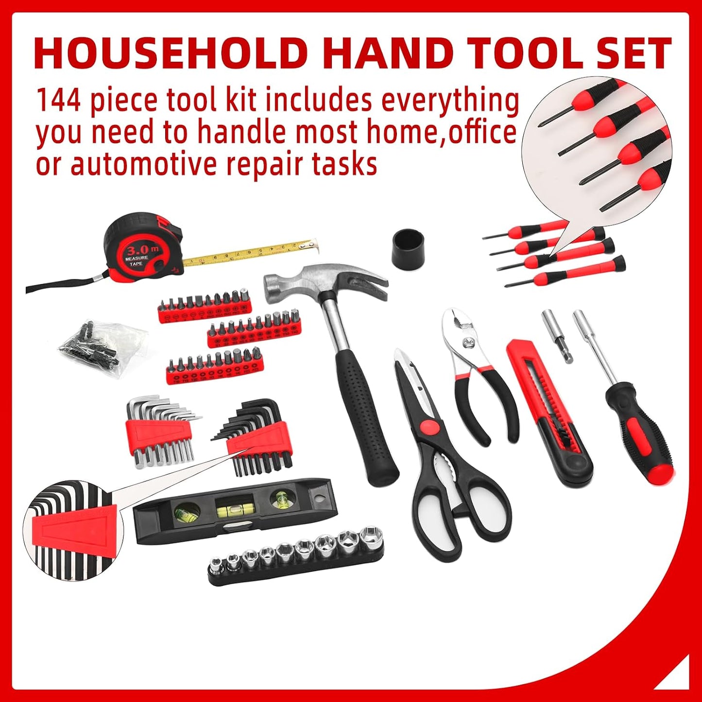 144-Piece General Household Hand Tool Kit with Plastic Toolbox Pink | Basic General Hand Tool Kit, Household Tool Set, for Home Repair, Office & College Dormitory Use, Daily Use for Women