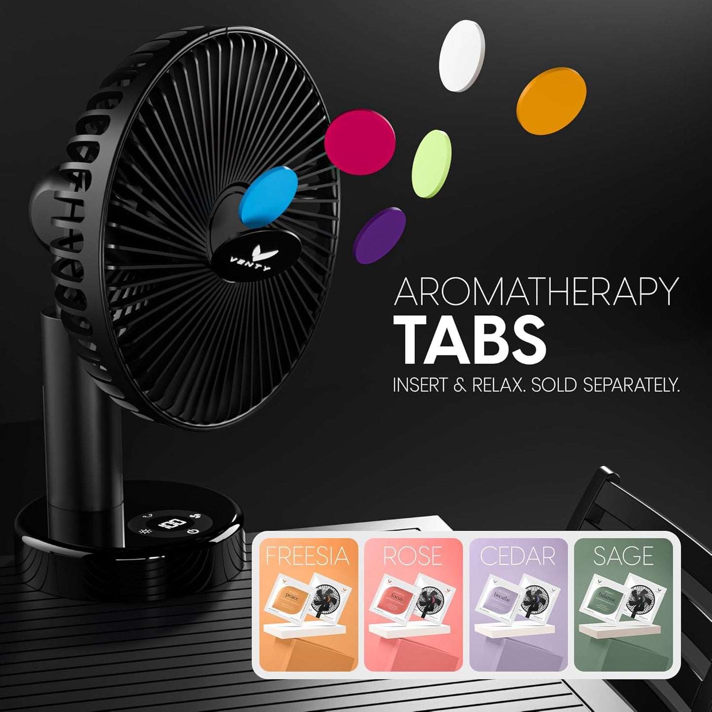 VENTY Portable Clip Fan - Rechargeable 10-Hour Battery Portable Fan - 360° Rotation & 90° Tilt - Stroller, Desk or Bedside - Aromatherapy & LED Light - USB-C cable & Carrying Pouch