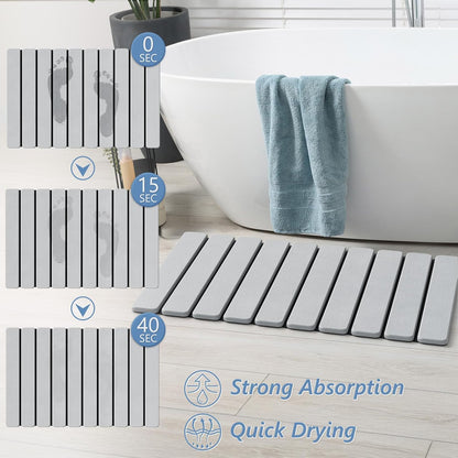 AWW Foldable Stone Bath Mat, Quick Dry Diatomaceous Earth Bath Mat with Non-Slip Mat, Super Absorbent, Easy to Clean, Compact for Small Bathrooms, 23.6 x 15.5, Grey