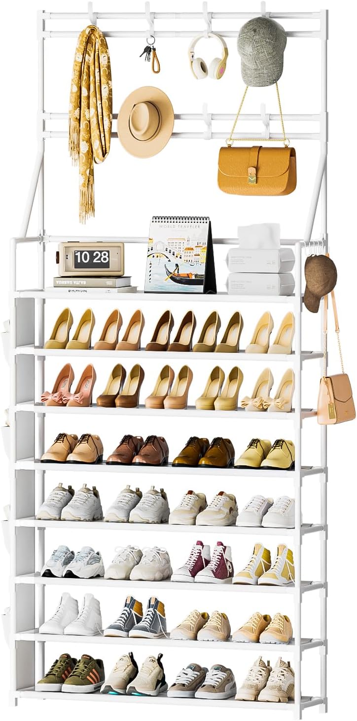 OYREL Shoe Rack, 5 Tier Shoes Storage Organizer, with Functional Hooks and Side Pocket, 20-25 Pairs, for Closet/Entrance/Entryway, Sneaker and Boot Stackable Free Standing Shoe Rack