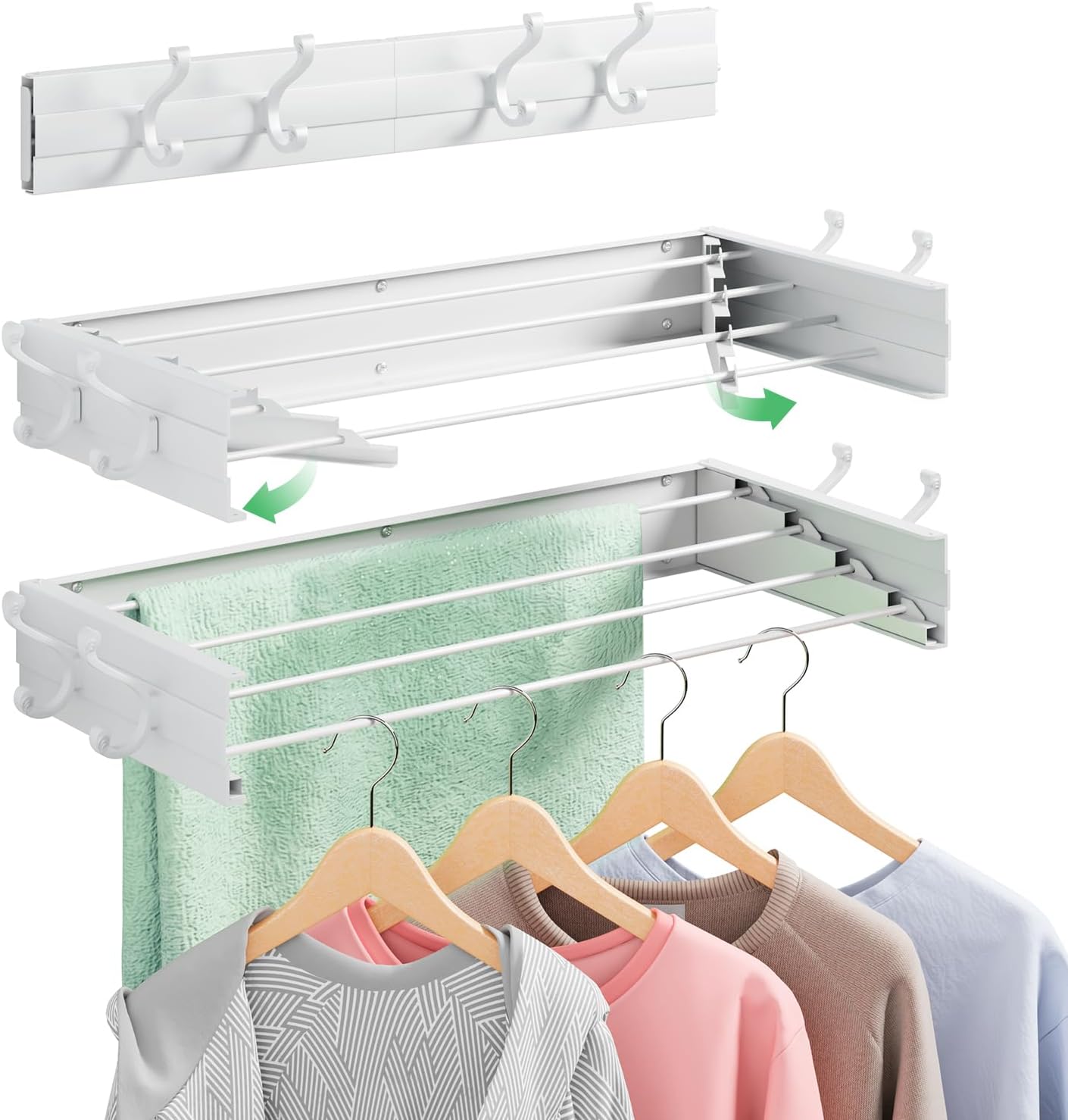 Foldable Wall Mounted Space-Saving Drying Rack, 23.5 In Rustproof Stainless Steel Laundry Hanger with 50 Lbs Heavy Duty Reinforced Rods for Wet Towels & Heavy Clothes, Fits Apartment Bathroom RV,White