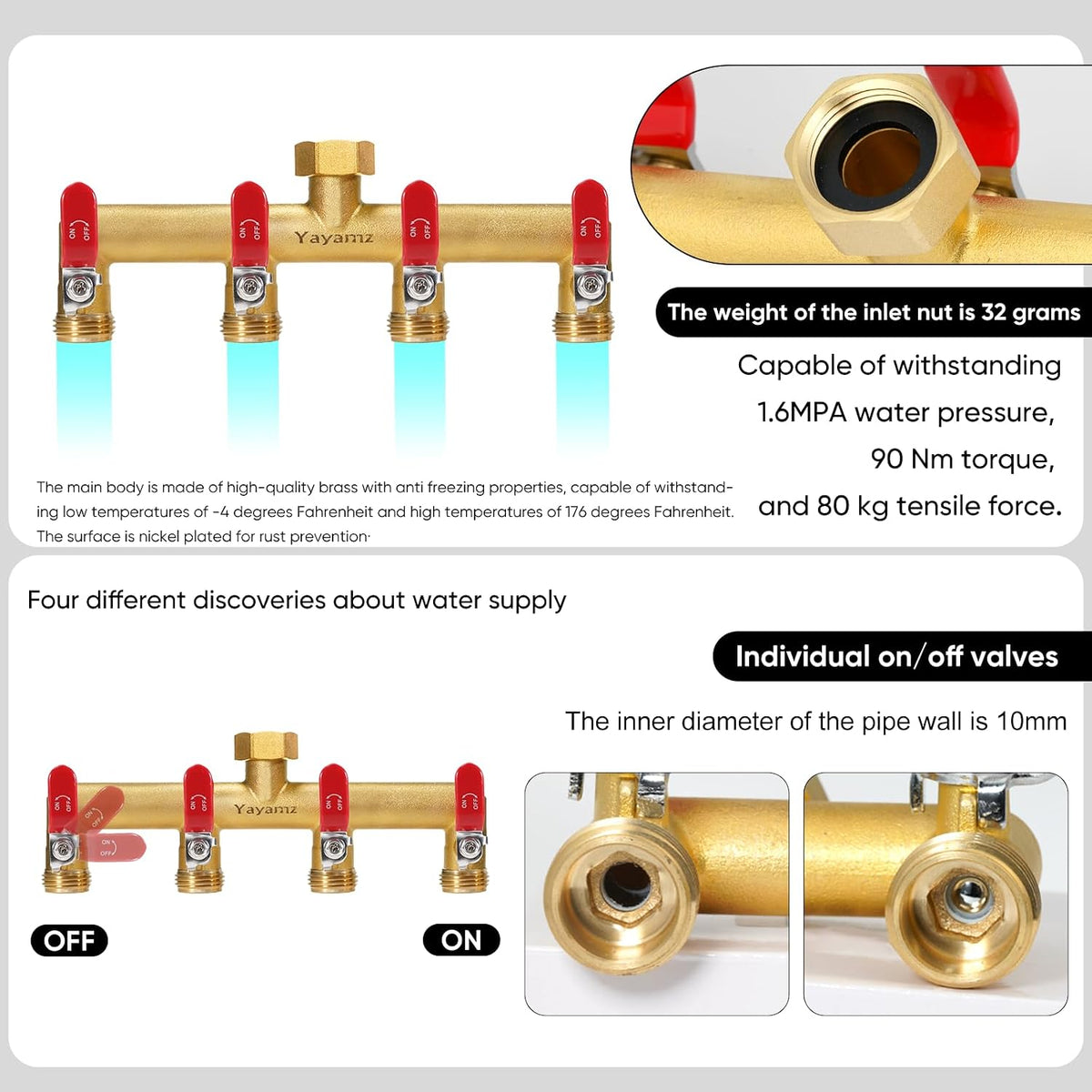 Garden Hose Splitter, 3/4” Rust and Freeze Resistant Outdoor Hose Manifold with 2 Green Extra Long Handles Faucet Adapter-Heavy Duty Brass 2-Way Valve