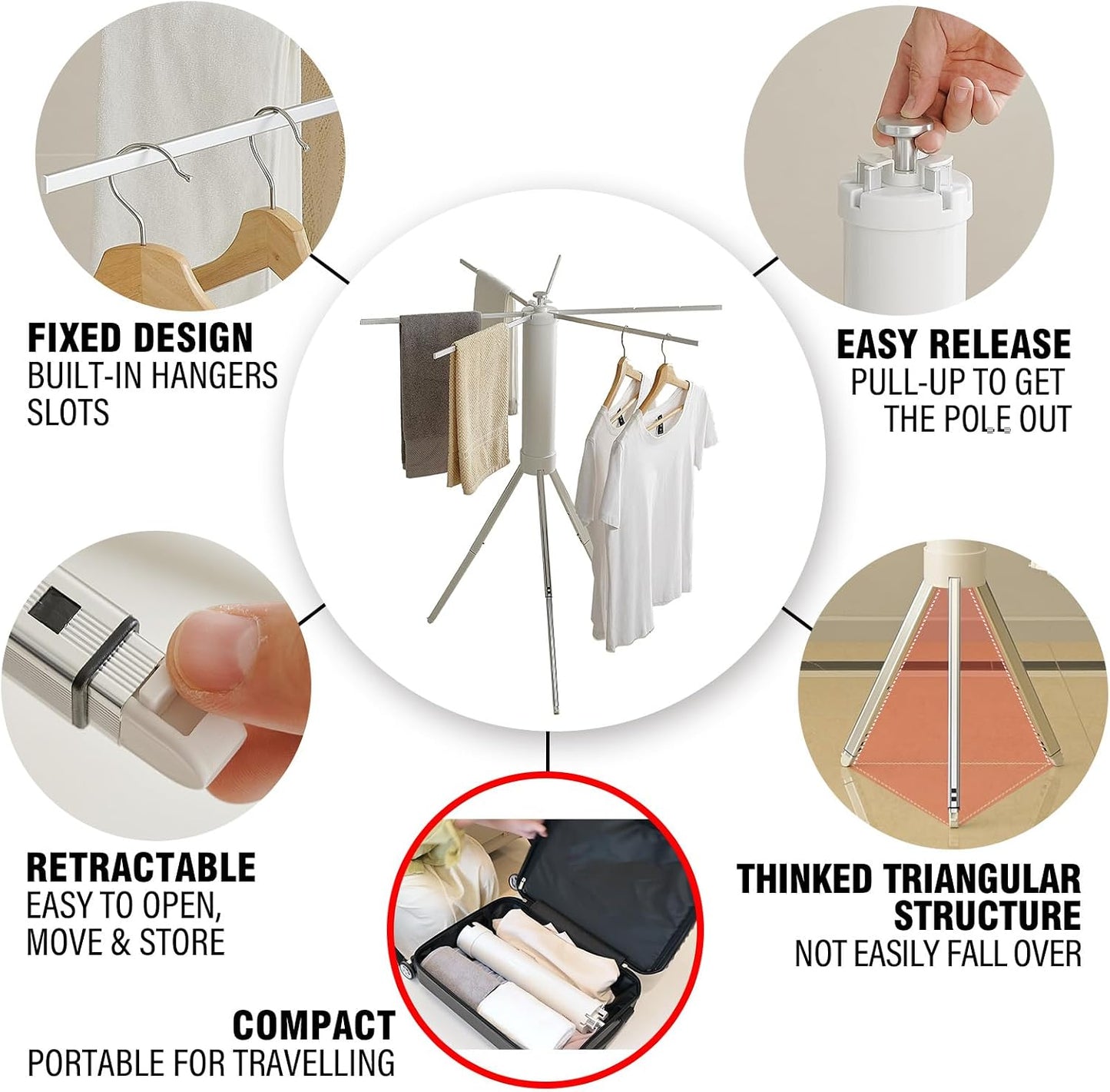 JOOM Tripod Clothes Drying Rack, Garment Rack Portable and Foldable Space Saving Laundry Drying Rack - Drying Rack Clothing Floor Folding Balcony Bedroom Household Wooden