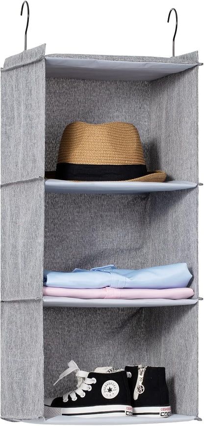 Hanging Closet Organizer 3-Shelf, Oxford Fabric Wardrobe Storage, Gray | Easy-mount foldable design holds clothes, handbags, shoes & accessories; washable Oxford fabric, sturdy and space-saving.