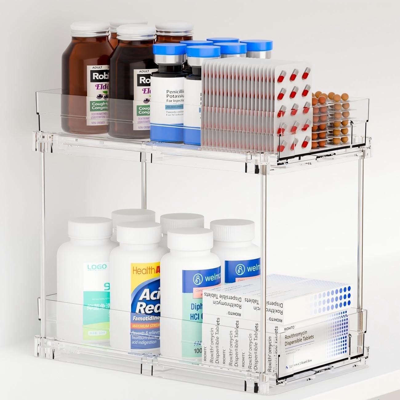 Yieach 4 Set Bathroom Organizers and Storage,2 Tier Clear Under Sink Organizer and Medicine Cabinet Organizer for Kitchen,Pantry Storage,Pull Out Drawers for Skincare,Pill Bottle,Spice Organization