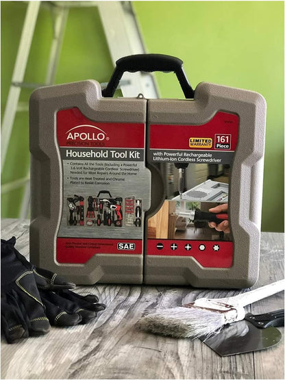Apollo Tools 161-Piece Complete Household Tool Set with 3.6 Volt Lithium-Ion Cordless Screwdriver and Most Needed Hand Tools Selection for Boats, Vehicle and Garage - Red - DT0739