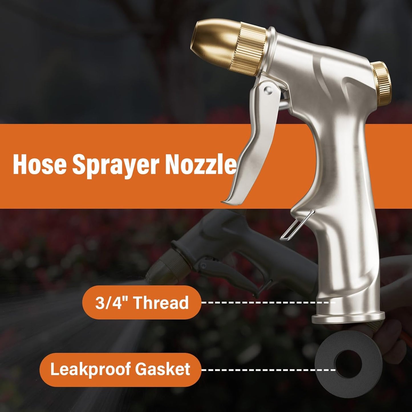 Garden Hose Nozzle Sprayer with Full Brass Nozzle, 100% Heavy Duty Metal Water Sprayer Nozzle Fits 3/4” Garden Hose Thread with 4 Patterns, 360° Rotating Adjustable Nozzle for Plants, Lawns, Cars