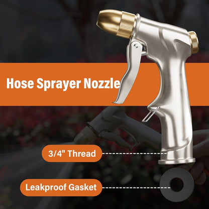 Garden Hose Nozzle Sprayer with Full Brass Nozzle, 100% Heavy Duty Metal Water Sprayer Nozzle Fits 3/4” Garden Hose Thread with 4 Patterns, 360° Rotating Adjustable Nozzle for Plants, Lawns, Cars