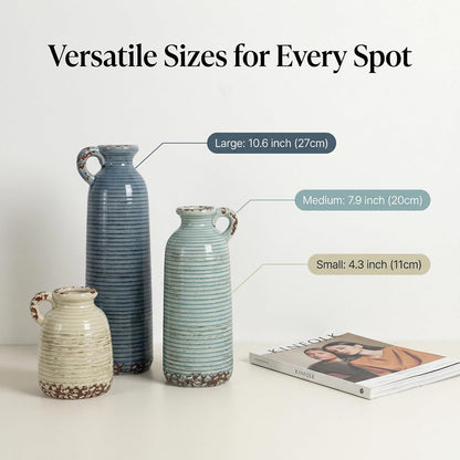 Ceramic Vase Set of 3 with Handles, Green White Neutral Rustic Modern Farmhouse Boho Decor, Versatile as Table Centerpiece or Mantel & Shelf Accent - Unique Home Gift Idea