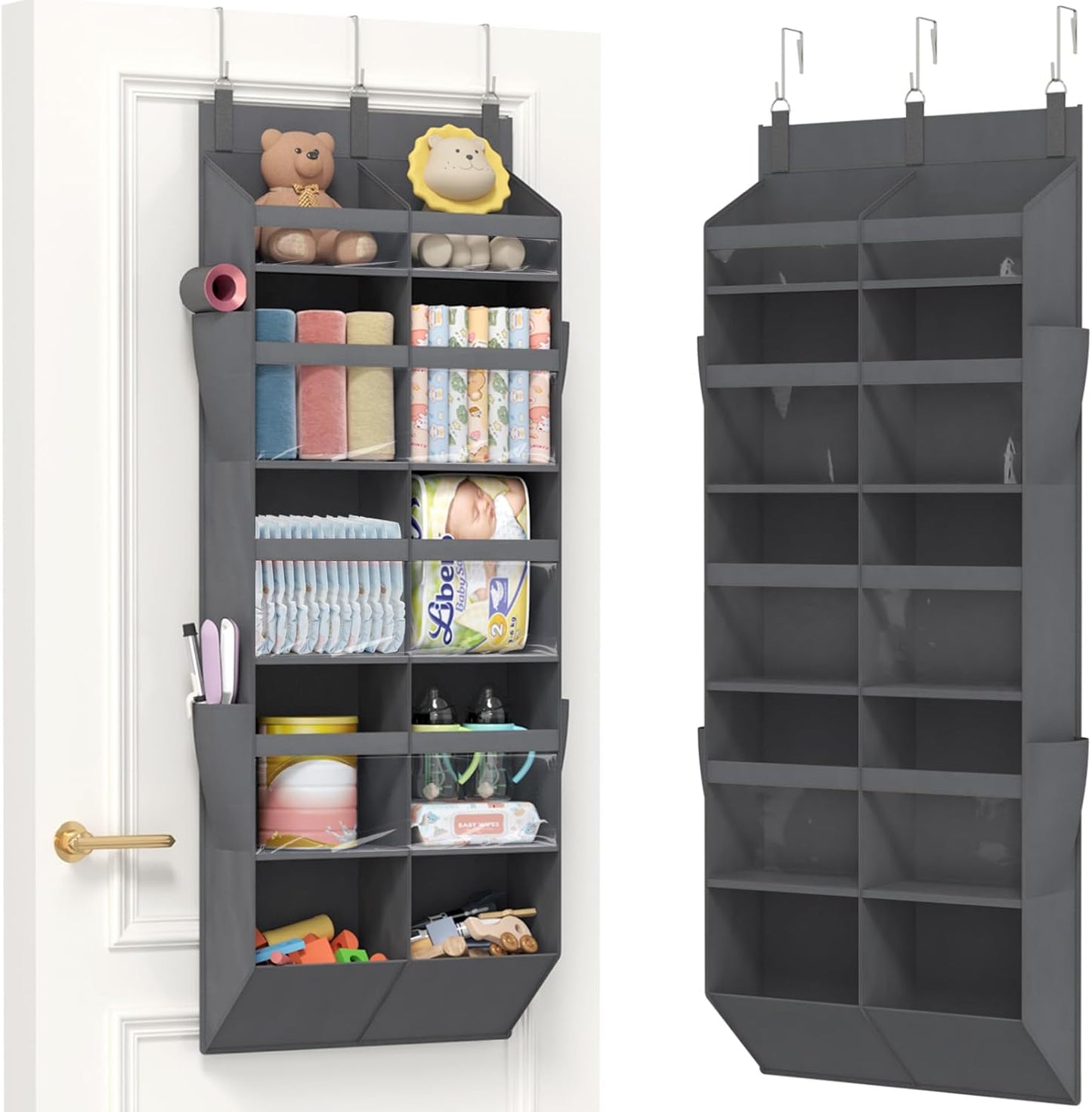 Lifewit 1 Pack Over the Door Organizer, 5 Section Clear Window Hanging Storage with 4 Side Pockets, Sturdy Anti Tilt 40 lbs Load Behind Door for Closet, Bedroom, Bathroom, Nursery, Dorm, Dark Gray