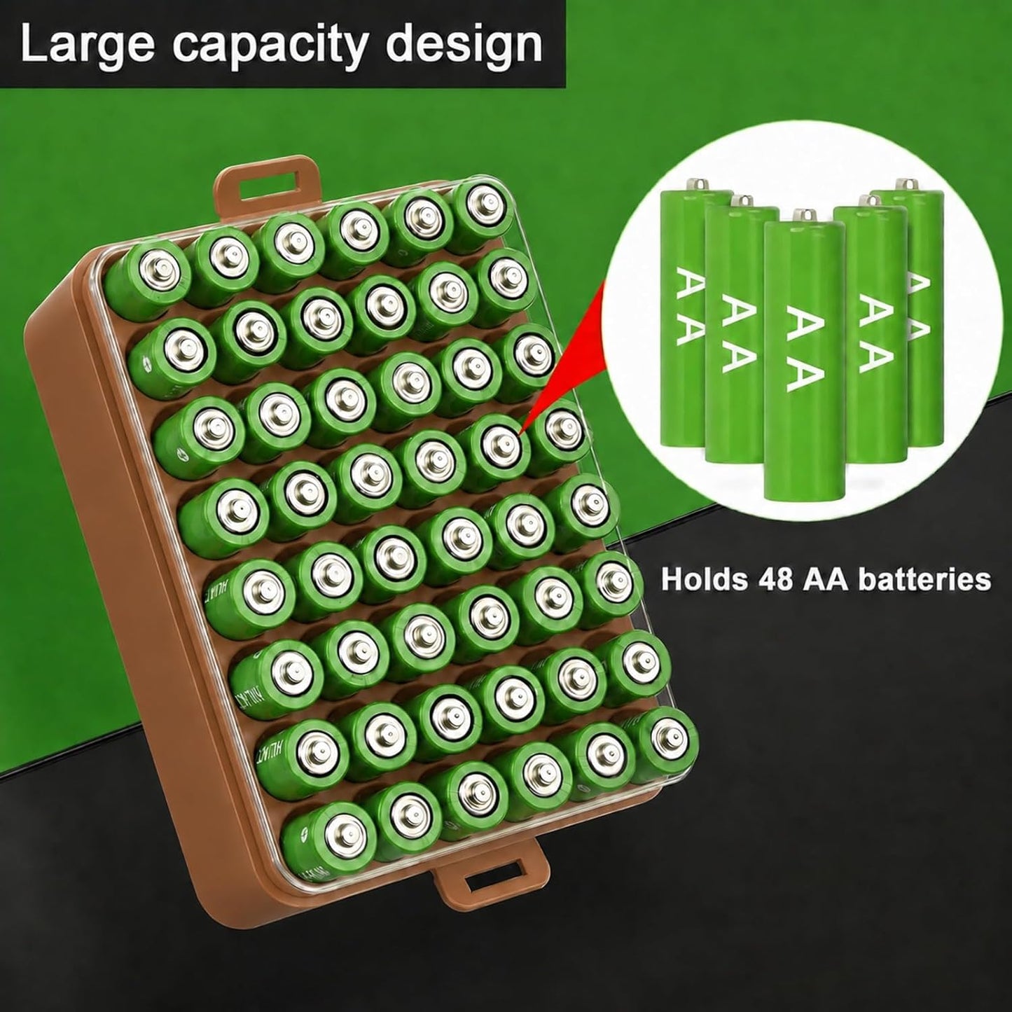 ALCYON Battery Organizer Storage Case, Battery Vault Box Container for 48pcs AA Batteries, Plastic Clear Protective Battery Holder for Travelling/Home/Office (Black, Large)