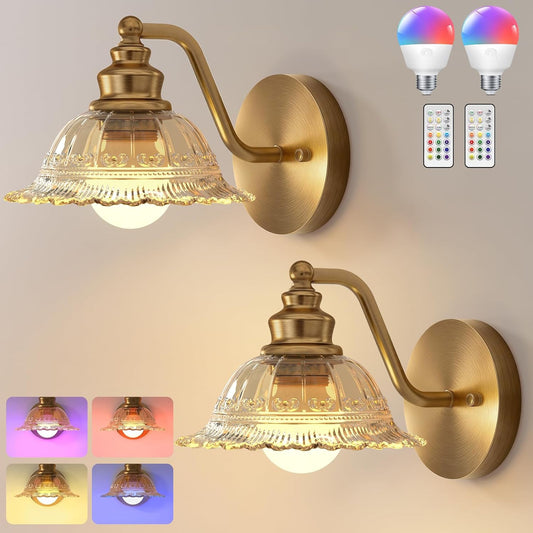 Redluck Battery Operated Wall Sconce with Remote Control, Vintage Green Glass Wireless Wall sconces Set of Two, Rechargeable Battery Powered Wall Lamp for Bedside Bedroom Living Room Hallway Decor