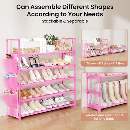 VILICK 5 Tier Shoe Rack with Hook and Side Pocket,Shoe Organizer Space Saver Storage for 20-25 Pair Shoe Storage Shelf Sturdy Free Standing Long Shoe Rack Organizer for Closet,Entryway,Small Spaces