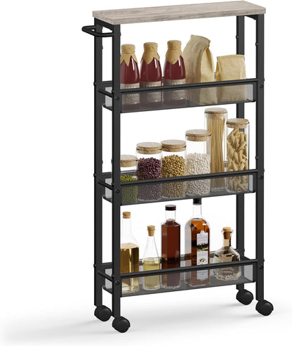 VASAGLE Slim Rolling Cart, 4-Tier Narrow Storage Cart with Handle, 5.1 Inches Deep, Metal Frame, for Kitchen, Dining Room, Living Room, Home Office, Rustic Brown and Classic Black ULRC032B01V1