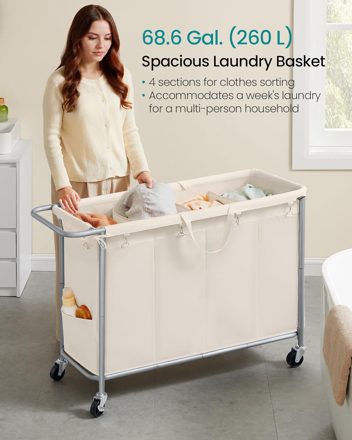 SONGMICS Laundry Basket with Wheels, 3-Section Rolling Laundry Hamper, 52.8 Gallons (200 L), Removable Liner, Steel Frame with Handle, 35.8 x 15.4 x 31.9 Inches, Cream White URLS005W01