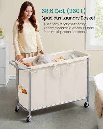 SONGMICS Laundry Basket with Wheels, 3-Section Rolling Laundry Hamper, 52.8 Gallons (200 L), Removable Liner, Steel Frame with Handle, 35.8 x 15.4 x 31.9 Inches, Cream White URLS005W01